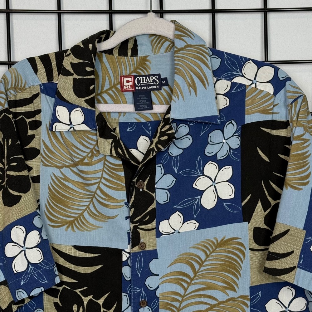 Vintage CHAPS Ralph Lauren Shirt Mens Medium Blue Hawaiian Floral Resortwear